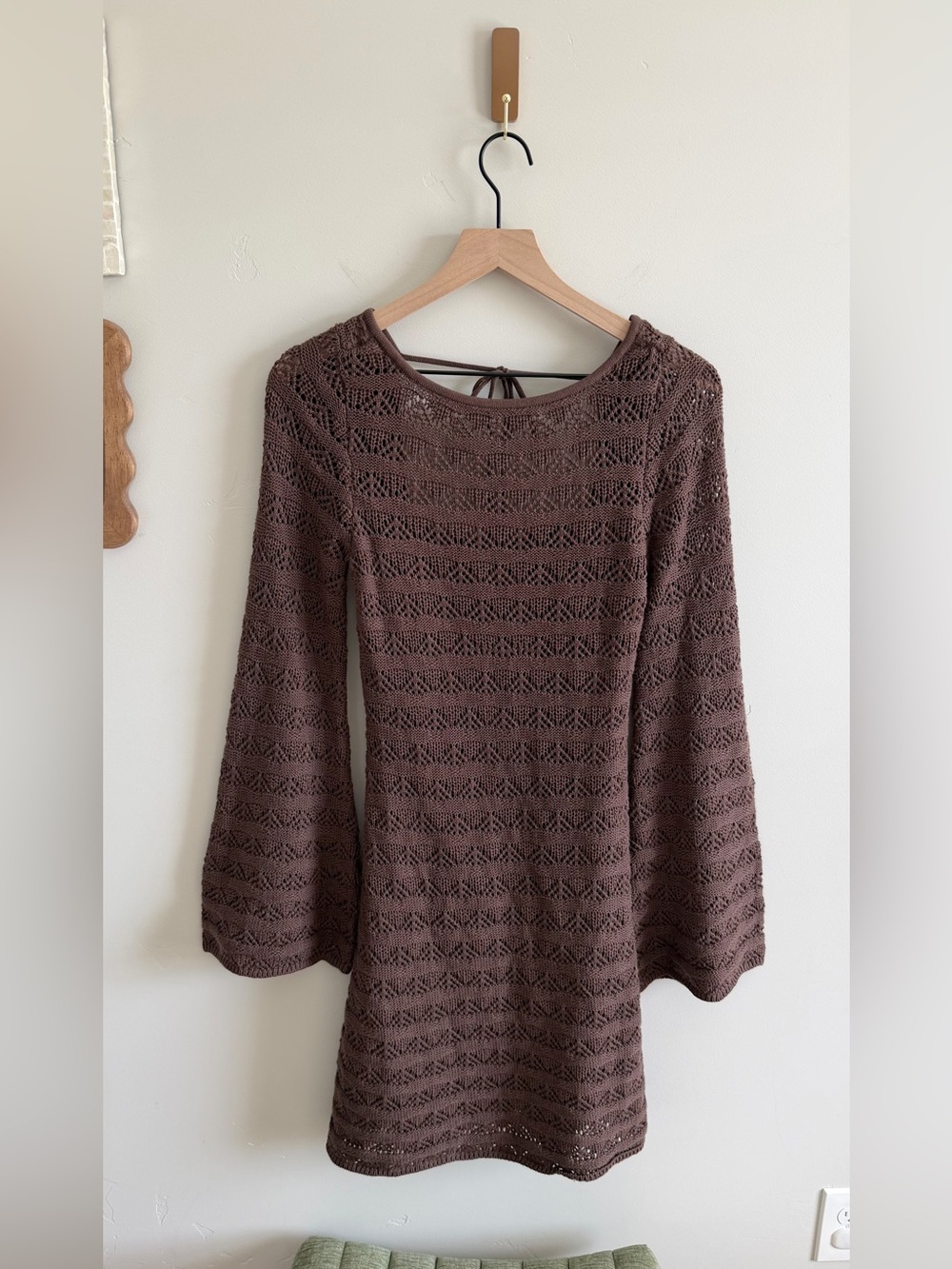 Abercrombie Long Sleeve Crochet Style Mini Dress in Dark Brown - Picture 6 of 12